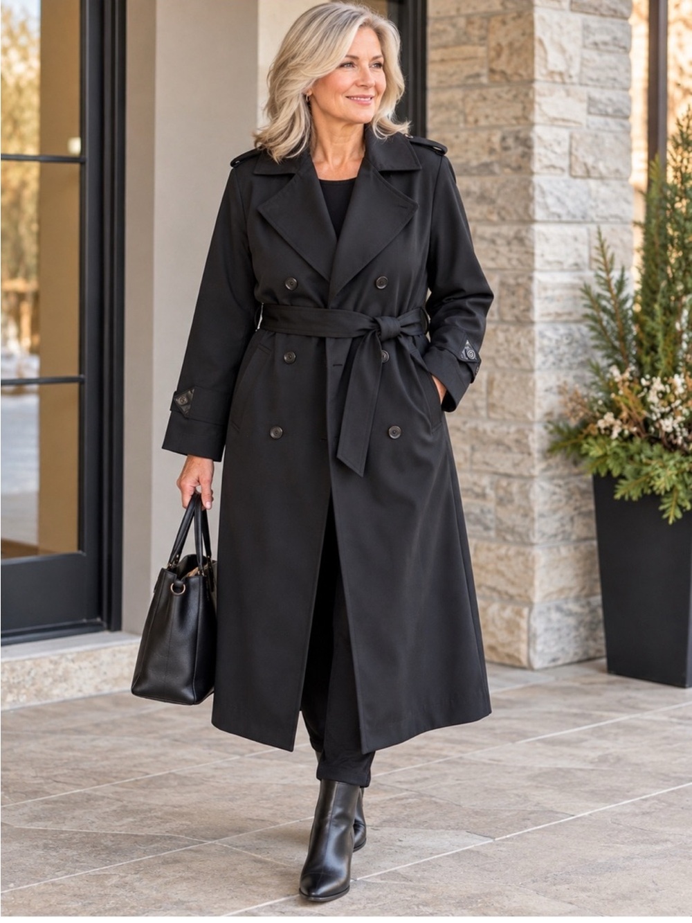 Vintage Black Double-Breasted Trench Coat with Self-Tie Belt